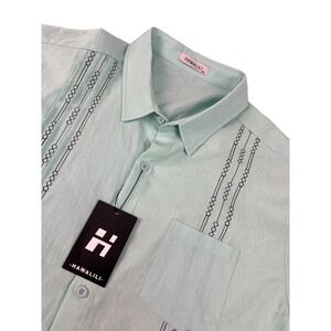 Hawalili Mens 2XL Mint Green Embroidered Guayabera Short Sleeve Cotton Shirt NEW